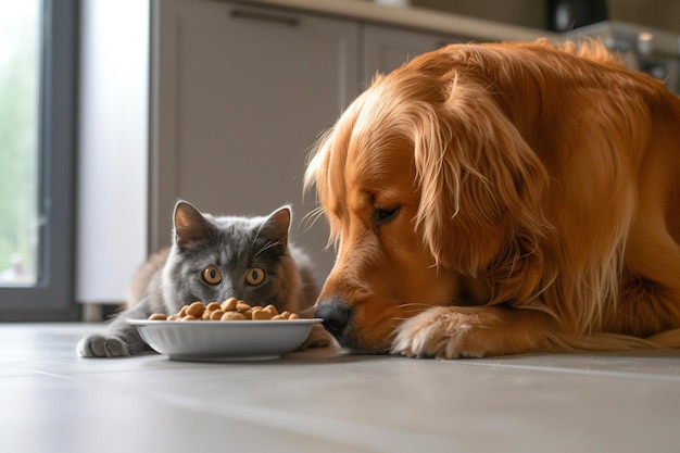 Leuke hond en kat met een schaal met lekker hondenvoer thuis met AI gegenereerd