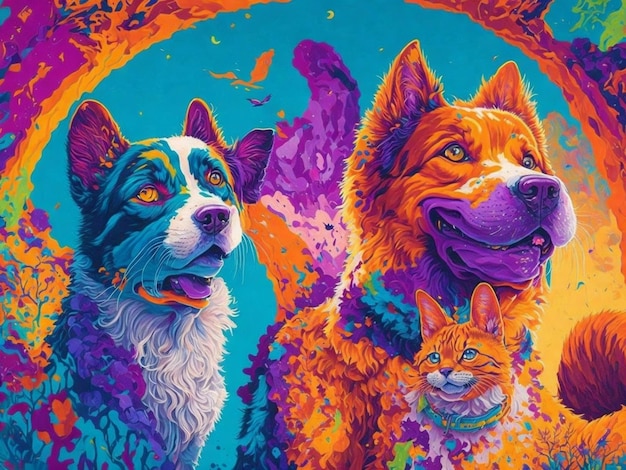 Leuke hond en kat op de achtergrond van de regenboog Digitale schilderij