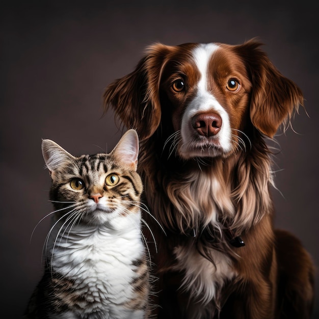 Leuke hond en kat samen Studioportret op donkere achtergrond