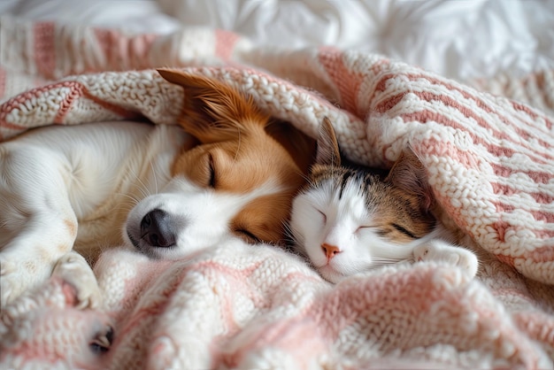 Leuke hond en kat slapen samen in bed onder een deken Vriendschap van leuke huisdieren concept