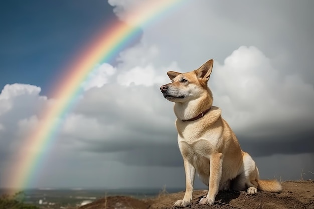 Leuke hond gaat naar regenboog Metafoor voor het vertrek van het huisdier naar het hiernamaals Generatieve AI-illustratie