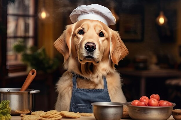 Leuke hond Golden Retriever Kok met kostuum klaar om te koken diner in de keuken kamer Generatieve Ai