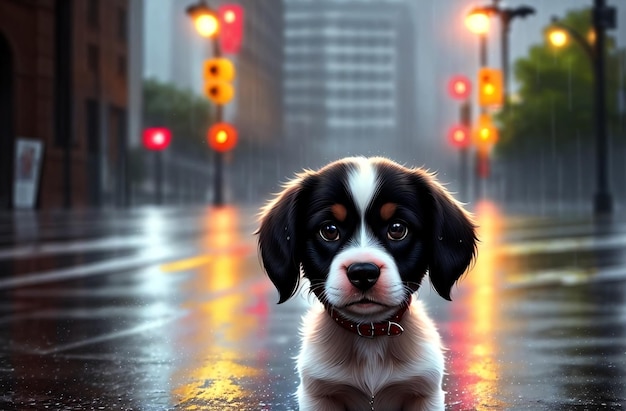 Leuke hond in de regen in het stadscentrum Generatieve AI