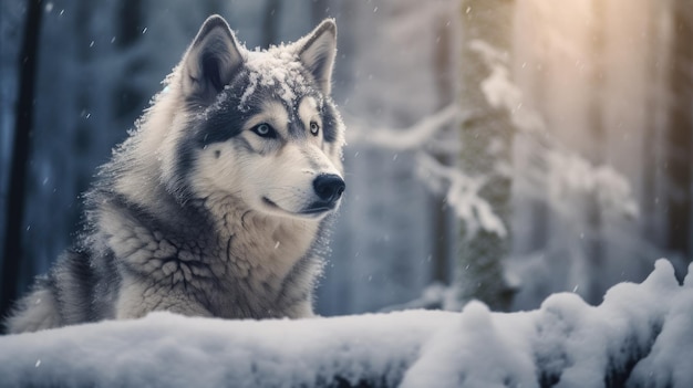 Leuke hond in een besneeuwd bos