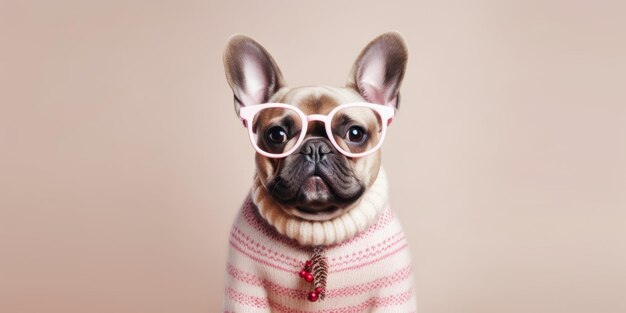 Leuke hond in een gebreide kersttrui, kralenbril, pluche hertenhoorn, kopie ruimte pastel