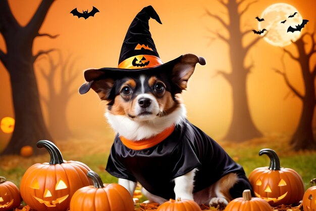 Foto leuke hond in halloween-kostuum met pompoenen en vleermuizen op herfstachtergrond