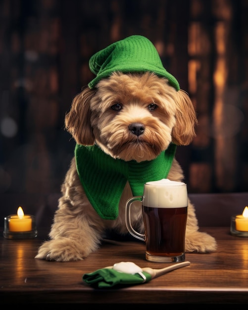 Leuke hond in het groene kostuum op de bartafel met bier.