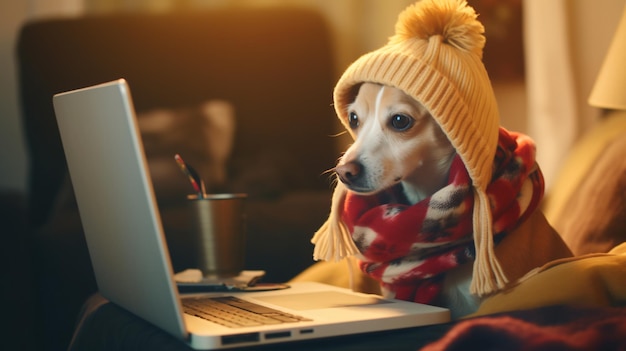 Leuke hond in winterhoed en sjaal met laptop op de bank