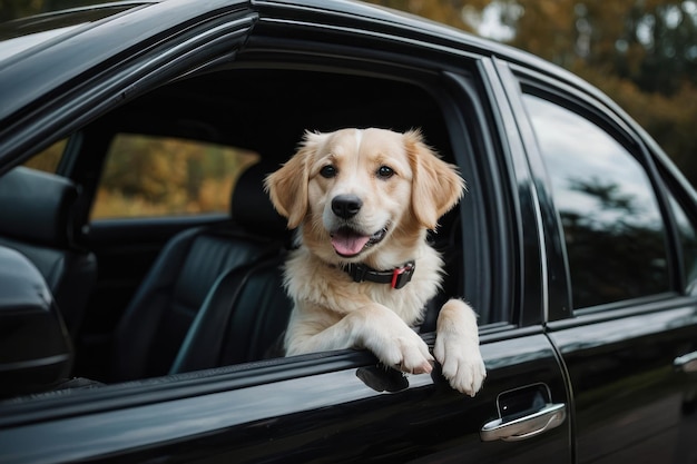 Leuke hond in zwarte auto van buiten