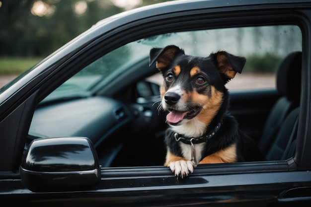 Leuke hond in zwarte auto van buiten