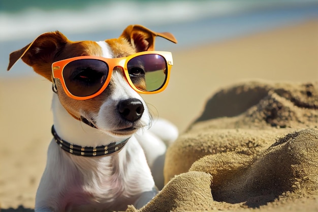 Leuke hond jack russell terrier met zonnebril genietend op het strand Genereer Ai