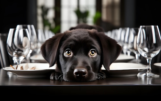 Leuke hond kijkt uit onder de tafel.