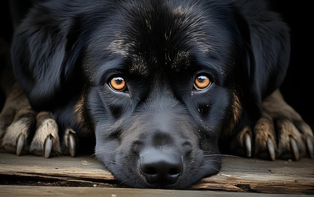 Leuke hond kijkt uit onder de tafel.