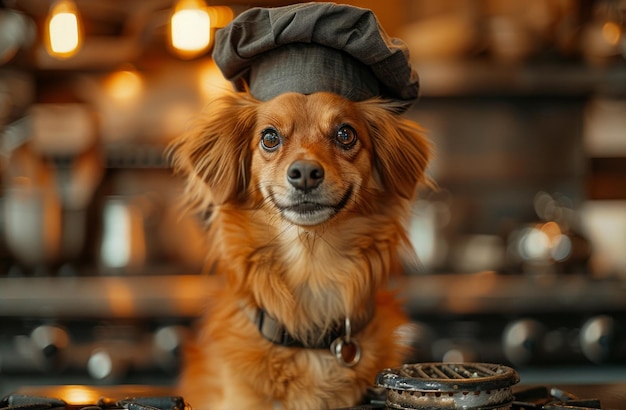 Leuke hond met chefhoed in de keuken.