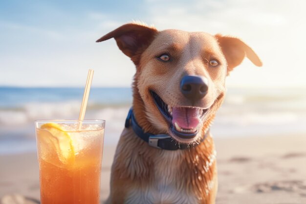 Leuke hond met cocktail die ontspant op een zandstrand bij de zee Zomervakantie met huisdier Generatieve AI