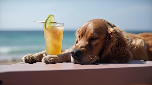 Leuke hond met de zomercocktail Illustratie AI GenerativexA