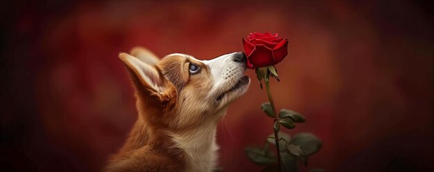 Foto leuke hond met een bloem in zijn mond op rode achtergrond liefde en romantische voorjaarsgroetekaartje