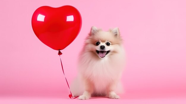 Leuke hond met een hartvormige ballon geïsoleerd op roze achtergrond