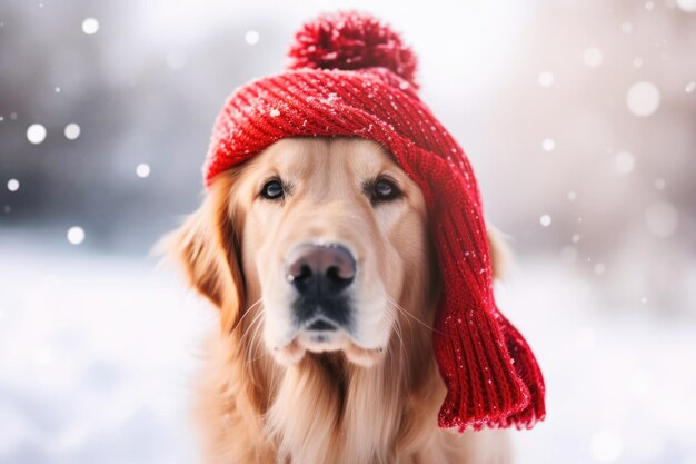 Leuke hond met een hoed en sjaal buiten winter sneeuw