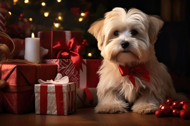 Leuke hond met een kerstmanhoed op een kerst achtergrond