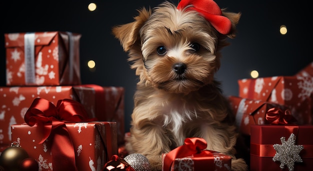 Leuke hond met kerstmuts met kerstcadeaus wallpaper achtergrond