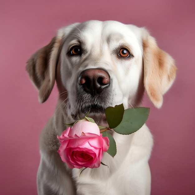 Leuke hond met roze roos op Valentijnsdag Op zoek naar liefde en vriendschap Generatieve AI