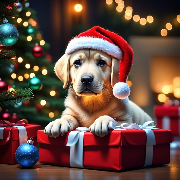 Leuke hond met Santa Claus hoed in het kerstinterieur kerstmis