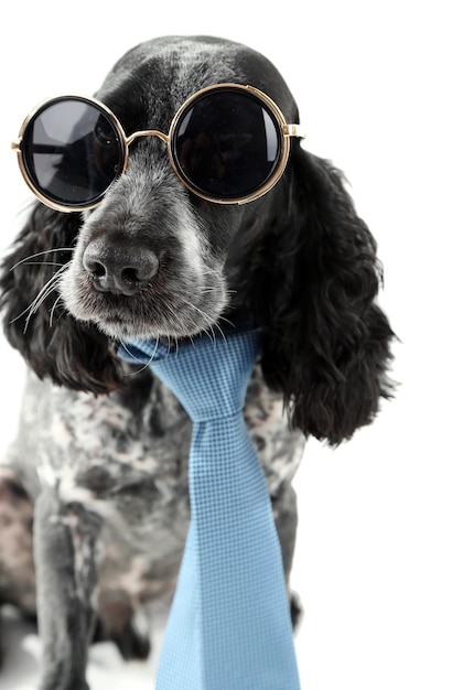 Leuke hond met zonnebril die op witte achtergrond wordt geïsoleerd