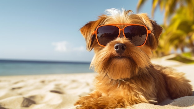 Leuke hond met zonnebril is op het zandstrand Mooie illustratie foto Generatieve AI