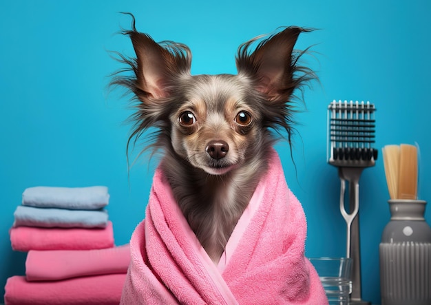 Leuke hond na een bad Hond gewikkeld in een handdoek Dierenverzorgingsconcept