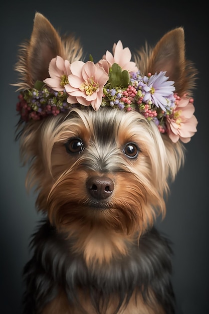 Leuke hond van Yorkshire Terrier in een bloemkroon op zijn hoofd