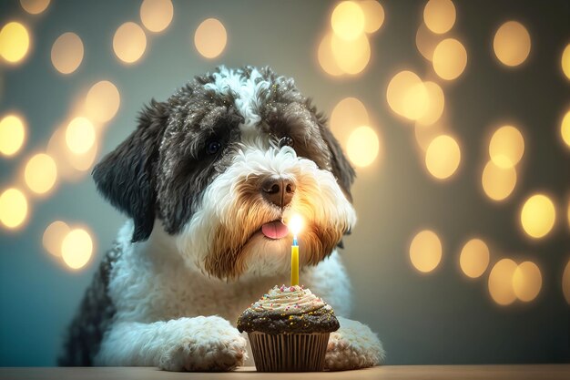 Leuke hond viert verjaardag met cupcake op feestelijke bokeh achtergrond Generatieve AI illustratie