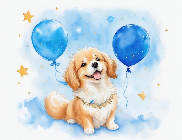 Leuke hond vliegt op blauwe ballonnen aquarel illustratie