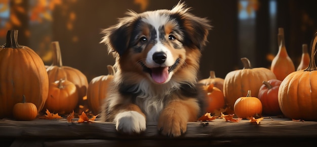 Leuke hond zit tijdens het luisteren met pompoenen en plaid in de herfst Halloween happy Thanksgiving