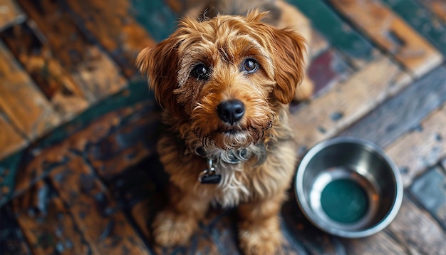 Leuke hongerige hond met droevige ogen wacht op voeding in de keuken Leuke puppy hond die bij zijn hond zit