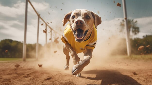 Foto leuke honkbalspeler hond in geel uniform.