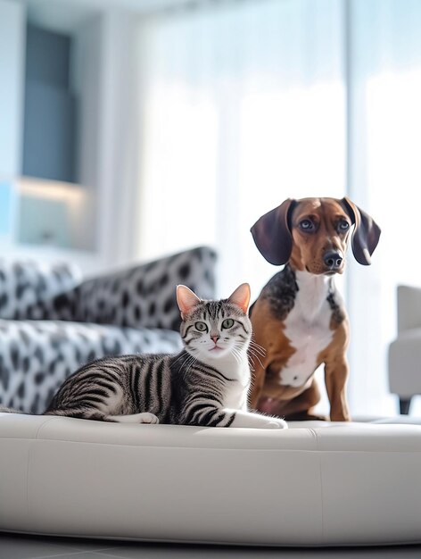 Leuke huisdieren Grappige kat en hond die thuis rusten AI gegenereerd