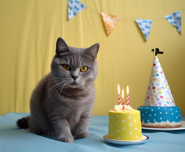 Leuke huisdierenkat die met verjaardagstaart gelukkige verjaardag viert