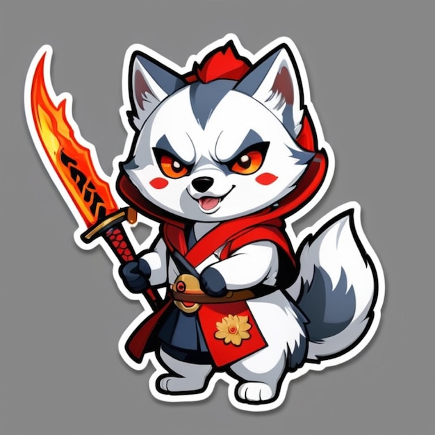 Leuke husky kitsune krijger met katana zwaard voor een vuur
