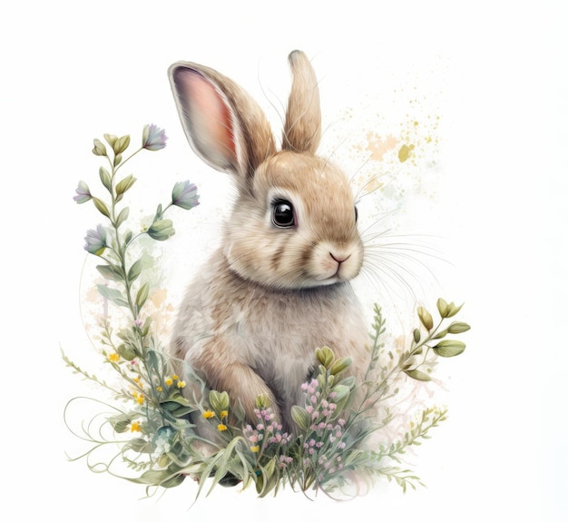 Leuke illustratie met paashaas realistische tekening van een konijn in pastelkleuren haas met lentebloemen symbool van Pasen Gemaakt met generatieve AI-technologie