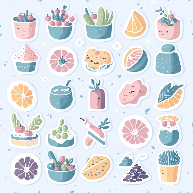 Leuke illustratie van afgeronde voedsel- en fruitpictogrammen of stickers in pastelkleur en aquarelstijl