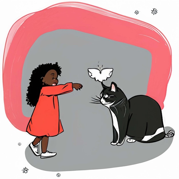 Foto leuke illustratie van een baby die op de vloer kruipt en een kattenhand getekend met kleurpotloden