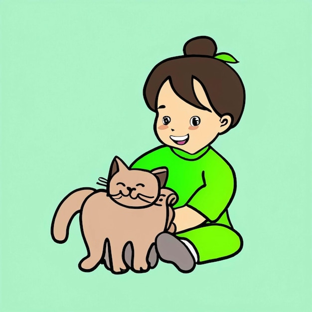 Leuke illustratie van een baby die op de vloer kruipt en een kattenhand getekend met kleurpotloden