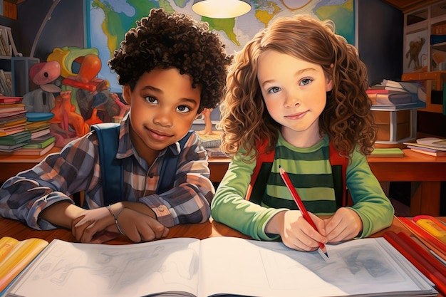 Foto leuke illustratie van twee kleine kinderen die samen aan een bureau tekenen