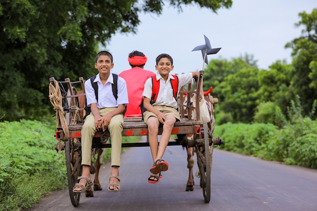 Leuke Indiase schooljongens in een ossenkar