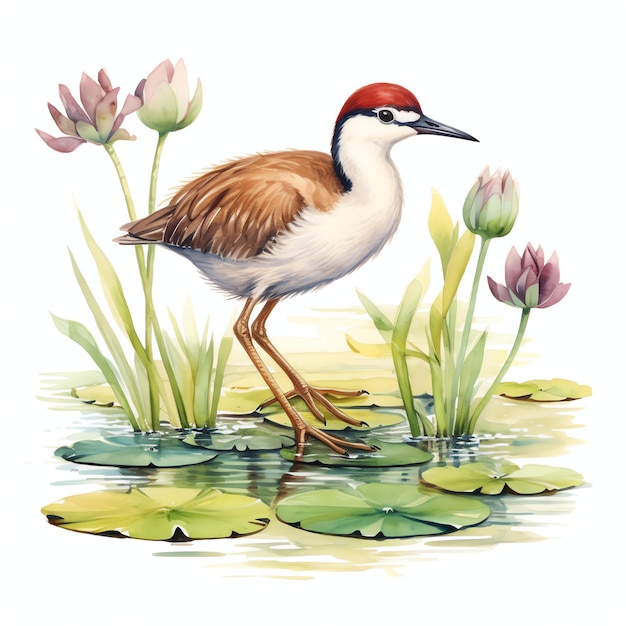Leuke Jacana loopt op lelie pads vogel aquarel illustratie clipart