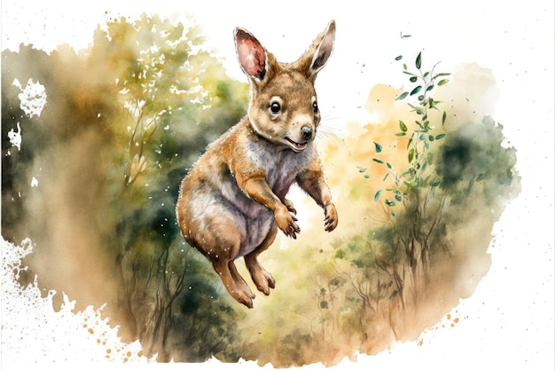 Leuke joey springt in het bos Waterverf schilderij van schattige kangoeroe wilde dieren