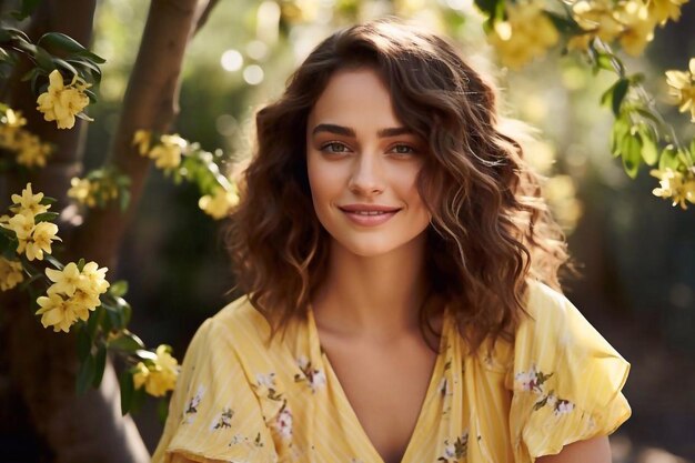 Leuke jonge blanke brunette dame zit op een bankje aan tafel in de achtertuin mooie vrouw in cas