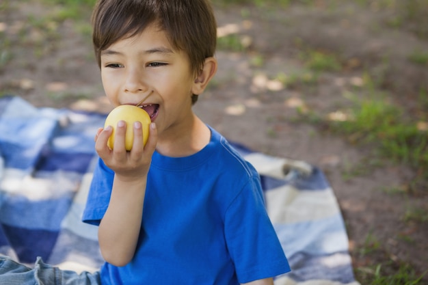 Leuke jonge jongen die een fruit in park eet