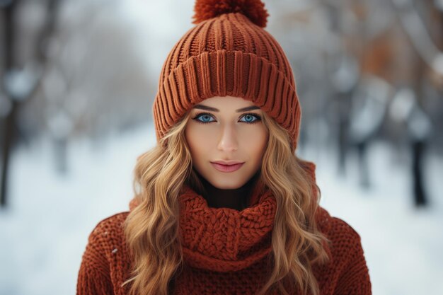 Leuke jonge vrouw in rode gebreide kleren op de achtergrond van een winterlandschap